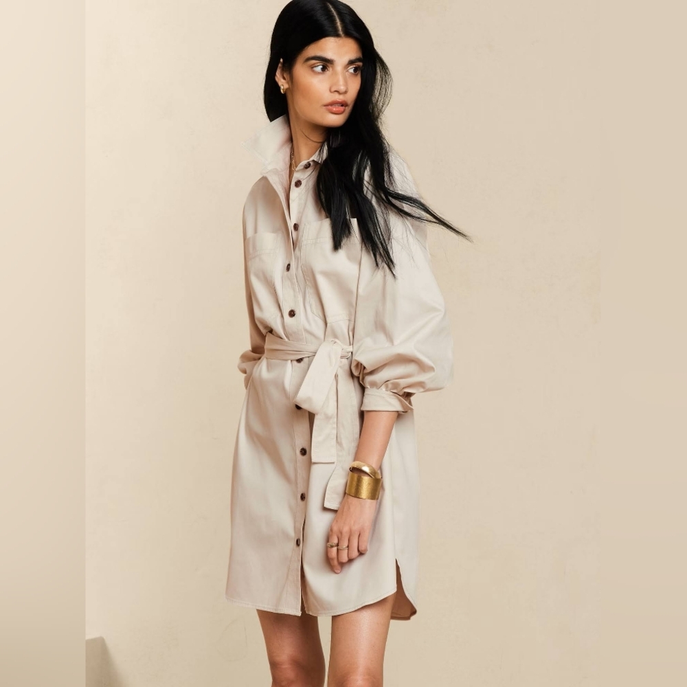 Banana Republic Twill Mini Cotton Shirtdress In Alabaster Tint Size L